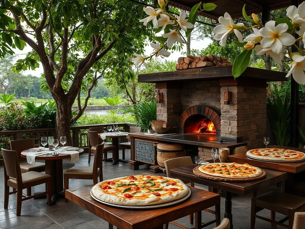 Outdoor dining area in lush Balinese greenery with wood-fired oven, traditional pizza making scene, featuring a mix of Italian and Indonesian culinary elements like local tuna and sambal, under frangipani trees, inviting and casual atmosphere