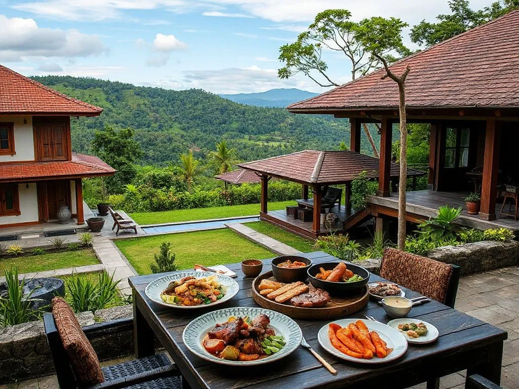 A picturesque view of a family compound with Balinese architecture, overlooking a quiet valley with intimate dining setup, featuring local dishes like ayam betutu and sate lilit, natural and serene setting, professional photography style