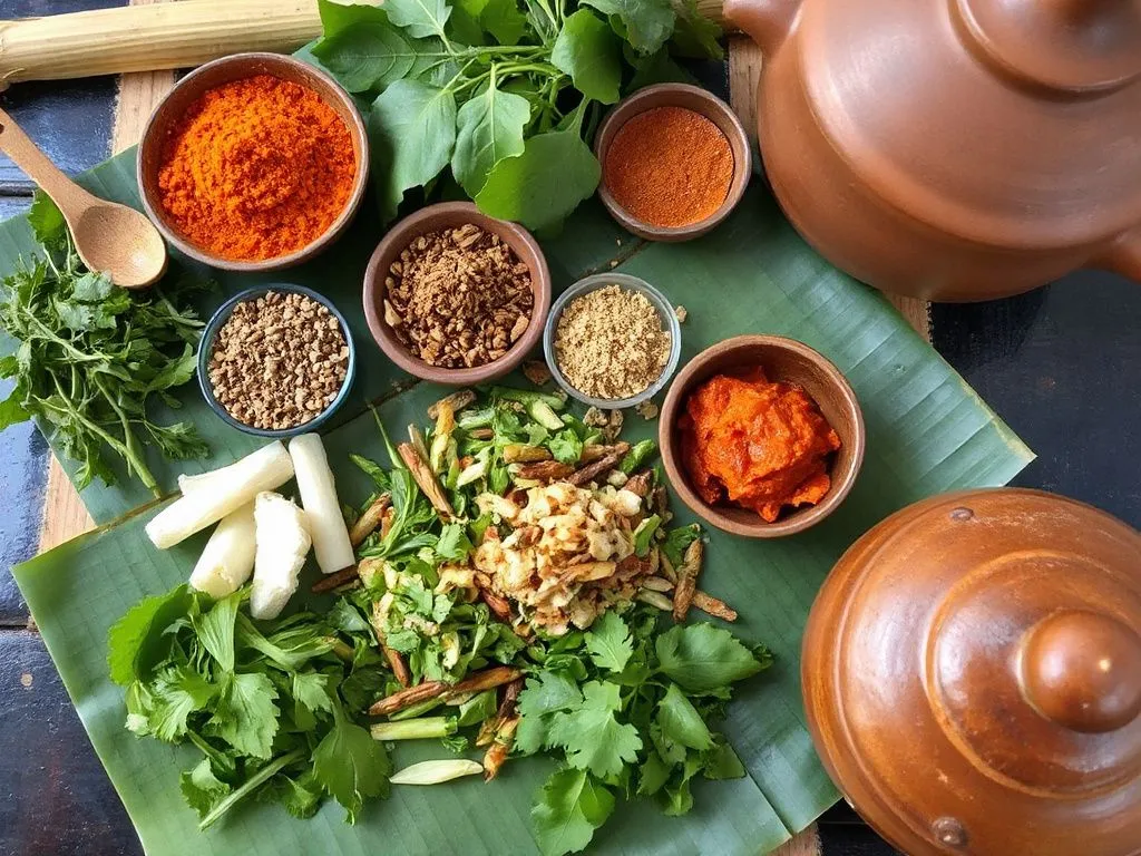Various Balinese culinary ingredients such as spice paste, fresh herbs, and traditional cooking setup using banana leaves and clay pots, highlighting cultural flavor profiles
