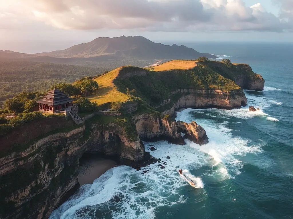 A captivating landscape of Uluwatu with breathtaking clifftop views, cultural temples, and surfers navigating legendary waves, dramatic and high-quality imagery