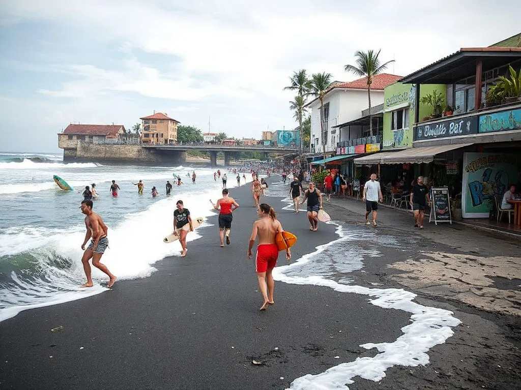 A lively and youthful scene in Canggu with surfers catching waves on black-sand beaches, vibrant street art, and bustling cafes, dynamic and contemporary style
