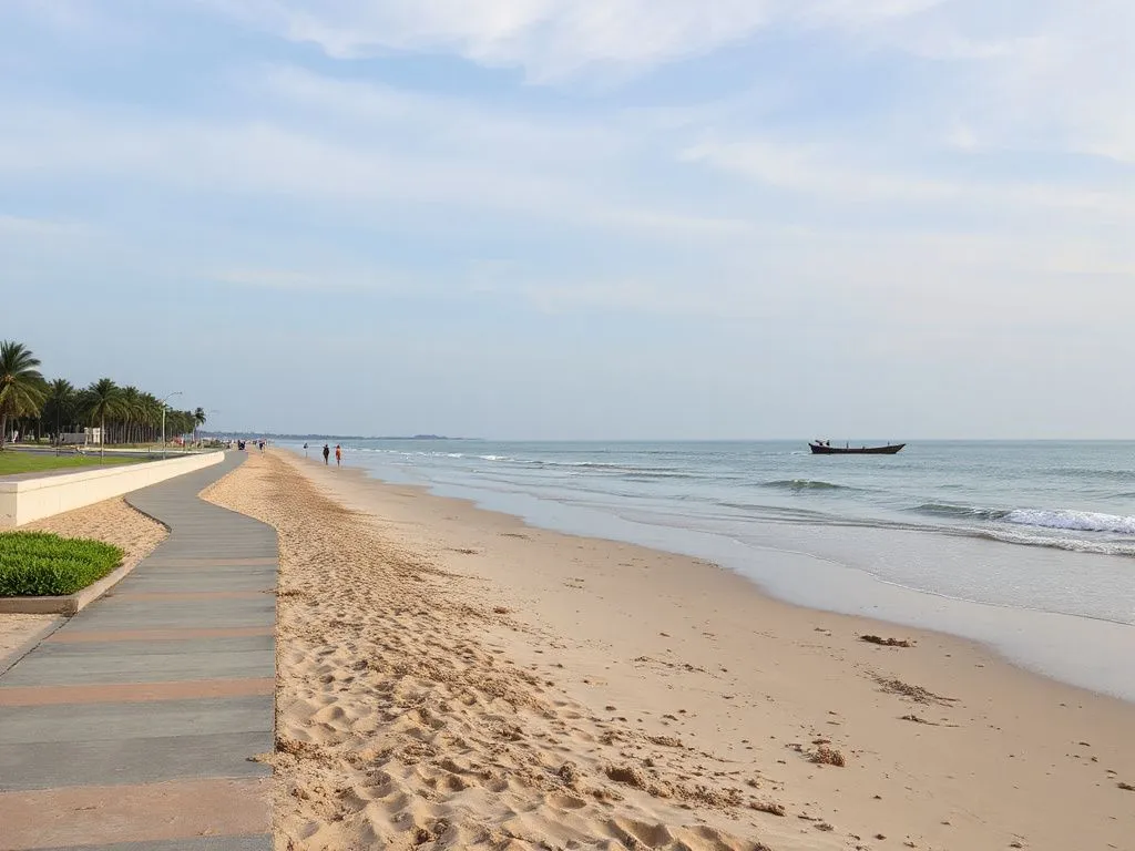 A serene and peaceful depiction of Sanur's gentle beaches, family-friendly shoreline, and scenic beachfront walkways, calm and inviting atmosphere