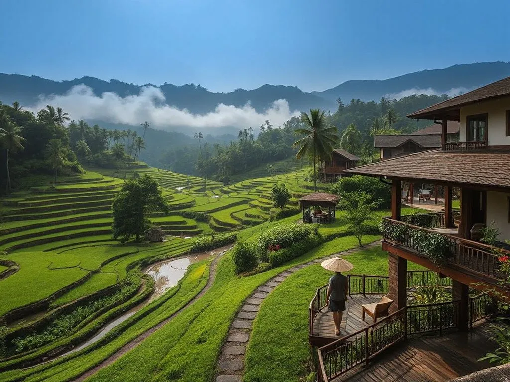 A tranquil scene capturing Ubud's lush rice terraces, traditional Balinese architecture, and serene yoga retreats, detailed and atmospheric, professional photography