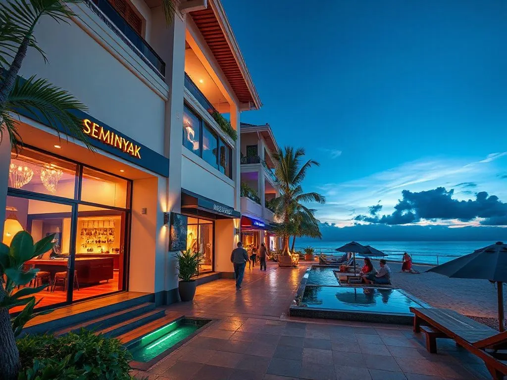 An upscale and trendy visual of Seminyak, highlighting chic designer boutiques, luxury beach resorts, and vibrant nightlife scenes, sophisticated and modern feel