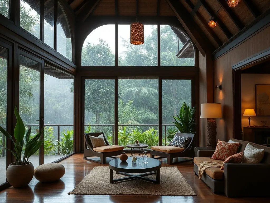 Cozy interior of a Balinese villa with rain visible through large windows, comfortable setting, indoor relaxation, photorealistic