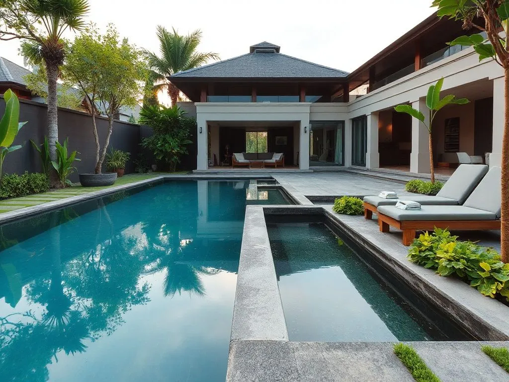 Luxury villa in Bali with a modern pool and garden, inviting and serene setting, reduced crowds vibe, photorealistic