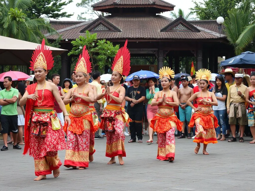 Scene from the Bali Arts Festival with traditional Balinese dancers in colorful costumes, cultural celebration, photorealistic