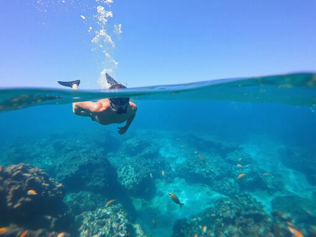 Snorkeler exploring clear waters with vibrant marine life near Nusa Penida, Bali, high clarity, underwater photography