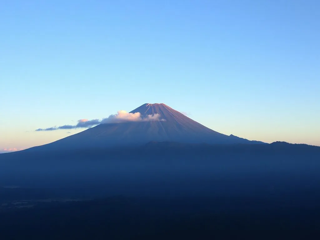 Sunrise view of Mount Batur in Bali, clear skies beginning with few morning clouds, cool hues, photorealistic, natural light