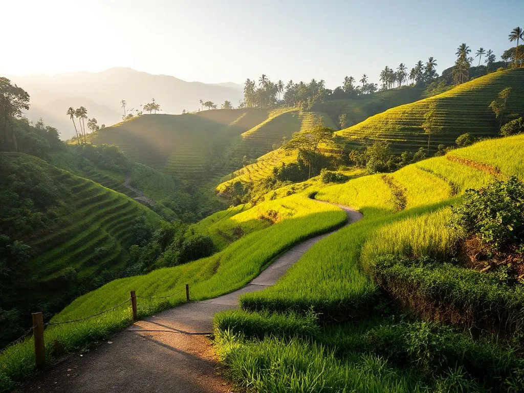 Tegallalang Rice Terraces in Bali with empty pathways, early morning light, peaceful atmosphere, photorealistic, lush greens