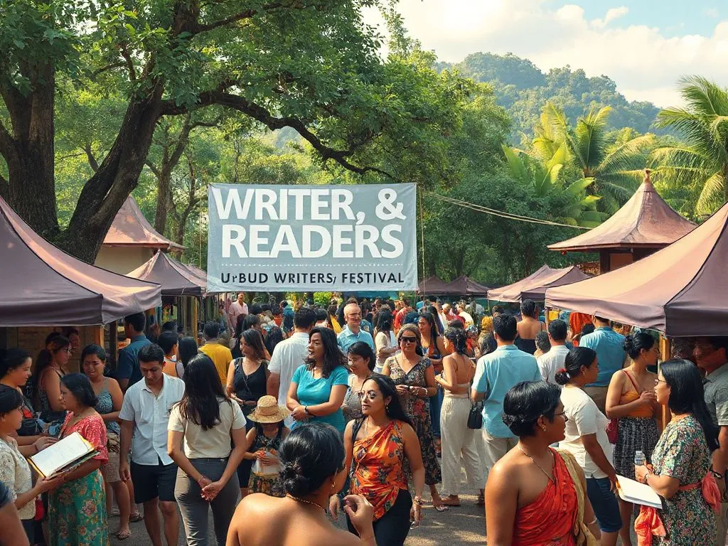 Vibrant depiction of the Ubud Writers & Readers Festival with community gatherings and cultural performances, lively colors, dynamic, photorealistic