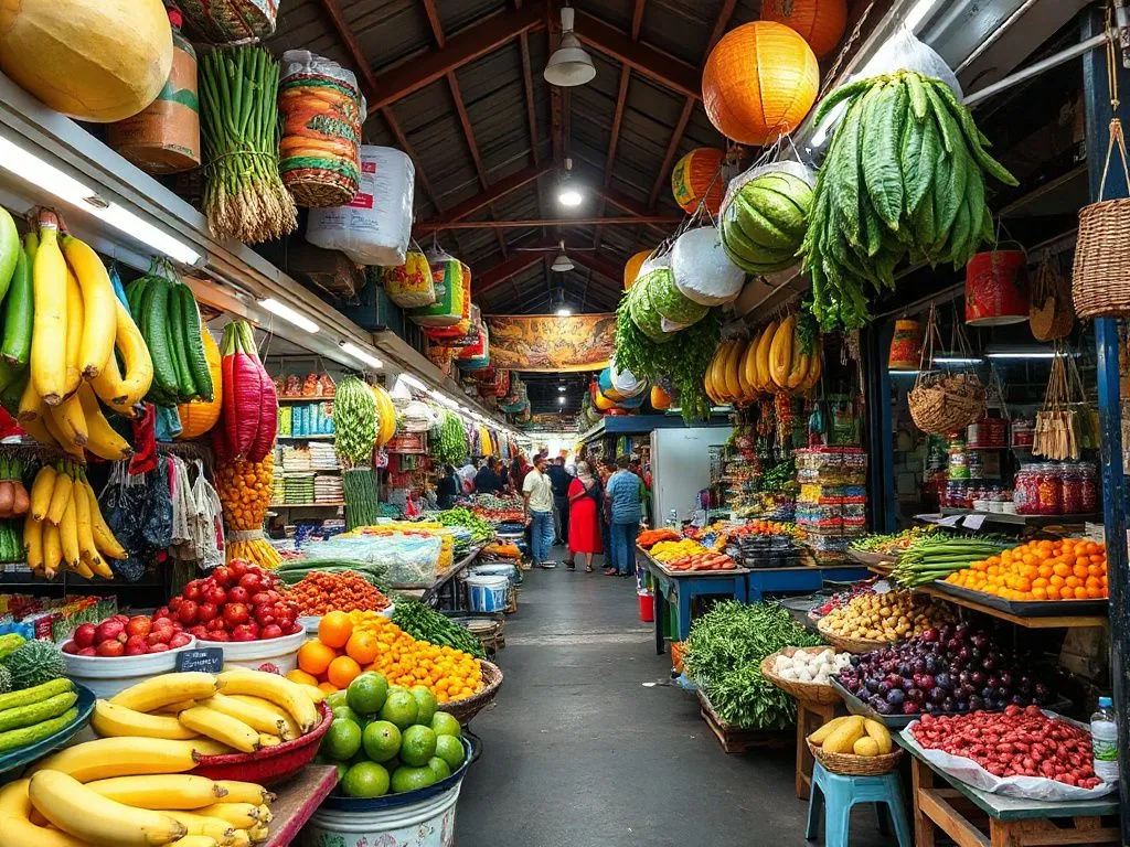 Colorful Balinese market with fresh produce and local goods, lively atmosphere, cultural exploration Colorful Balinese market with fresh produce and local goods, lively atmosphere, cultural exploration