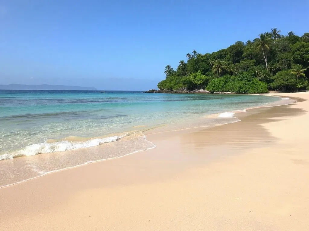 Photograph of a peaceful, empty beach in Bali with clear blue water and lush greenery Photograph of a peaceful, empty beach in Bali with clear blue water and lush greenery