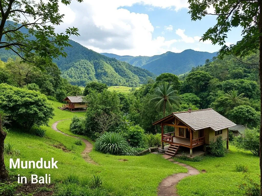 Scenic view of Munduk in Bali, featuring green landscapes, hiking trails, and an eco-friendly bungalow, natural lighting, tranquil setting Scenic view of Munduk in Bali, featuring green landscapes, hiking trails, and an eco-friendly bungalow, natural lighting, tranquil setting