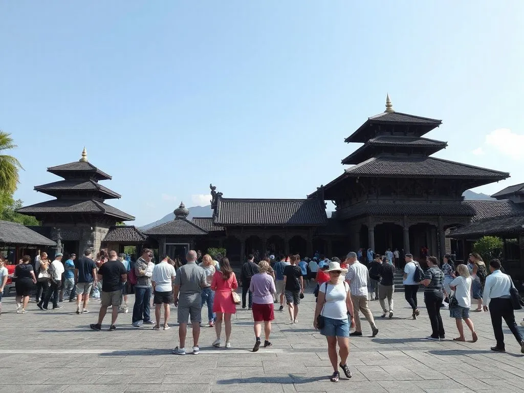 Tourists enjoying a calm day at a Balinese temple with clear skies, traditional Balinese architecture, minimal crowds Tourists enjoying a calm day at a Balinese temple with clear skies, traditional Balinese architecture, minimal crowds