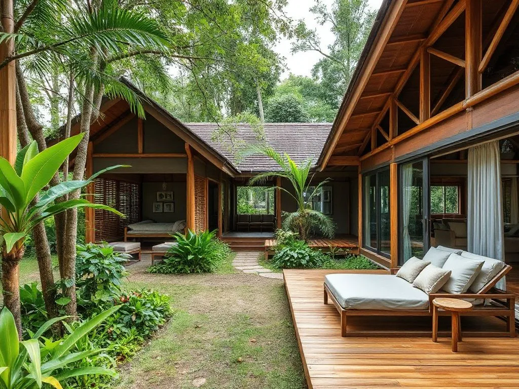 Eco-friendly accommodations in Bali with bamboo architecture and lush green surroundings, high quality, natural lighting, eco-luxury setting Eco-friendly accommodations in Bali with bamboo architecture and lush green surroundings, high quality, natural lighting, eco-luxury setting