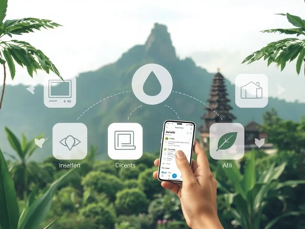 Scene of a digital technology interface for sustainable tourism in Bali, abstract representation, modern, symbols of eco-friendly apps and e-ticketing Scene of a digital technology interface for sustainable tourism in Bali, abstract representation, modern, symbols of eco-friendly apps and e-ticketing