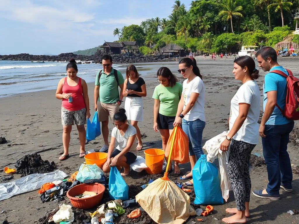 Tourists participating in a Balinese beach clean-up activity, vibrant colors, community spirit, natural environment restoration Tourists participating in a Balinese beach clean-up activity, vibrant colors, community spirit, natural environment restoration