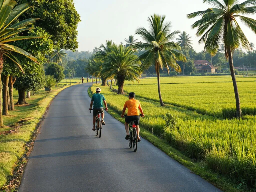 Cyclists on a rural Balinese road, surrounded by lush greenery and rice fields, early morning light, photorealistic style