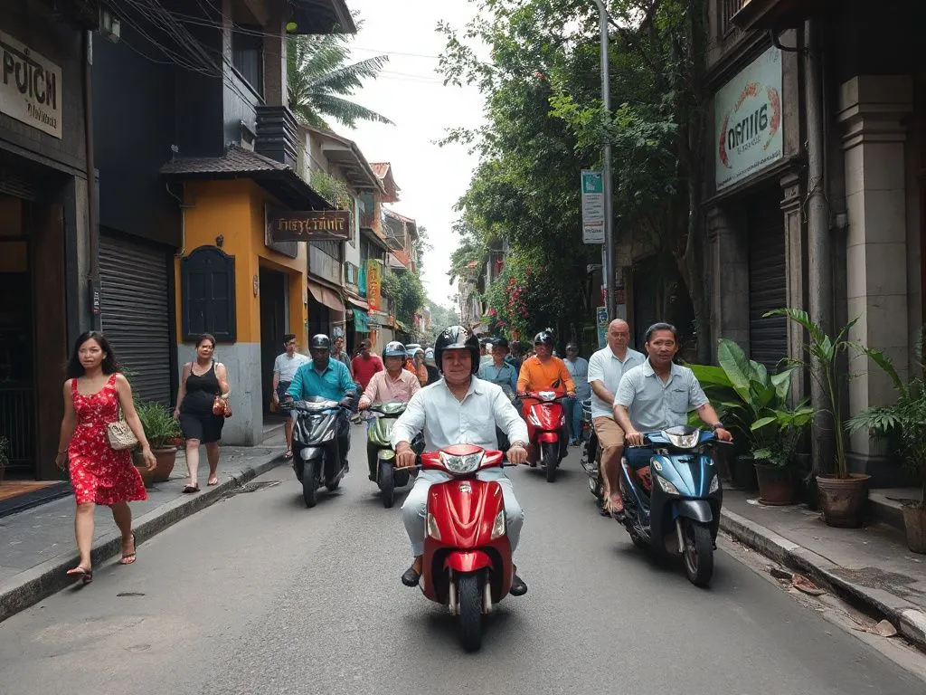 Pedestrians and scooter riders navigating a narrow, busy street in Ubud, Bali, capture motion and diversity, dynamic composition, high clarity