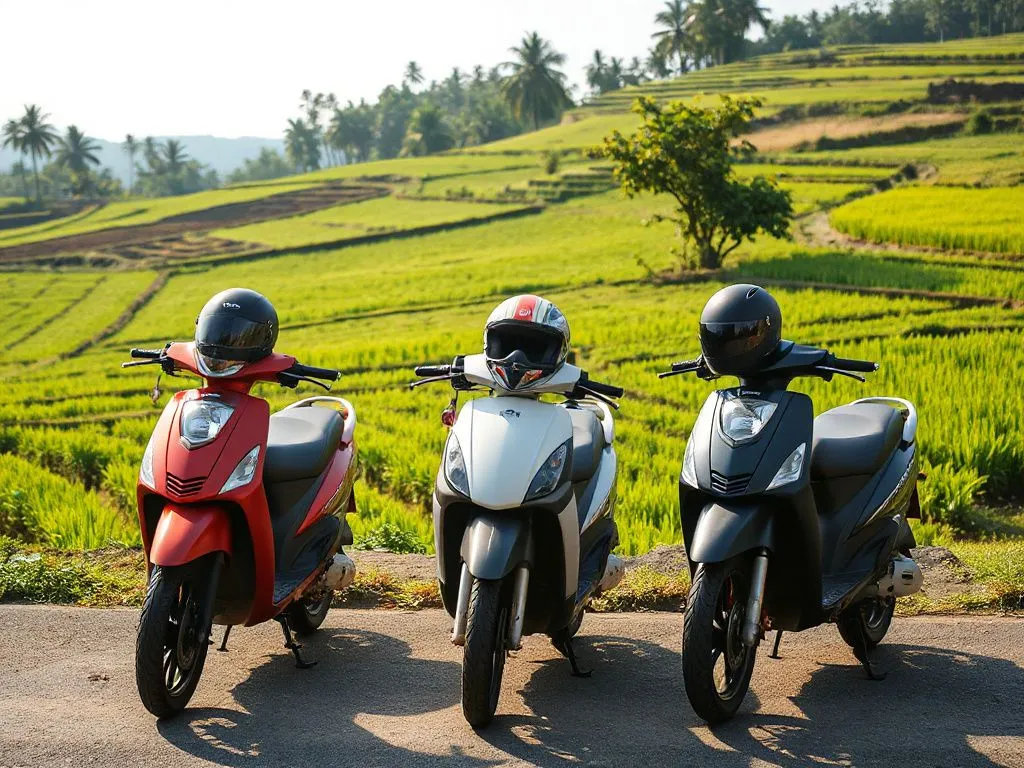 Three scooters parked in a row, each with helmets placed on the seats, on a sunlit Balinese road with rice paddies in the background—focus on colors and textures, high quality detail