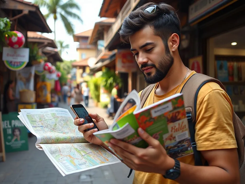 Tourist downloading offline maps on a smartphone while consulting a colorful tourist guidebook, set against a picturesque Balinese street with shops, photorealistic, high detail
