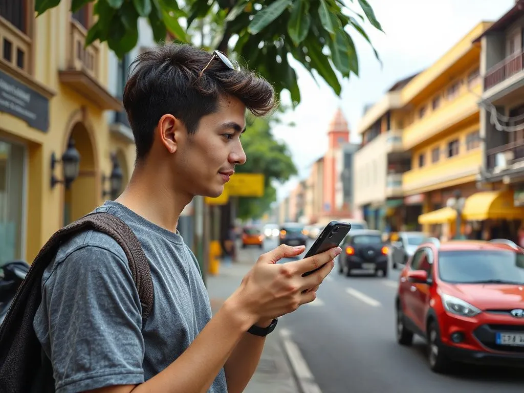 Young traveler using a ride-hailing app on a smartphone, standing near a bustling Balinese street with colorful buildings and passing vehicles, professional photography, natural light