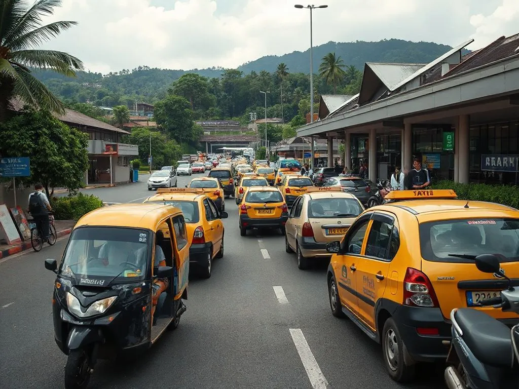 Bali airport landscape with taxis and scooters, busy scene with travelers, photorealistic, detailed, natural lighting, professional photography style Bali airport landscape with taxis and scooters, busy scene with travelers, photorealistic, detailed, natural lighting, professional photography style