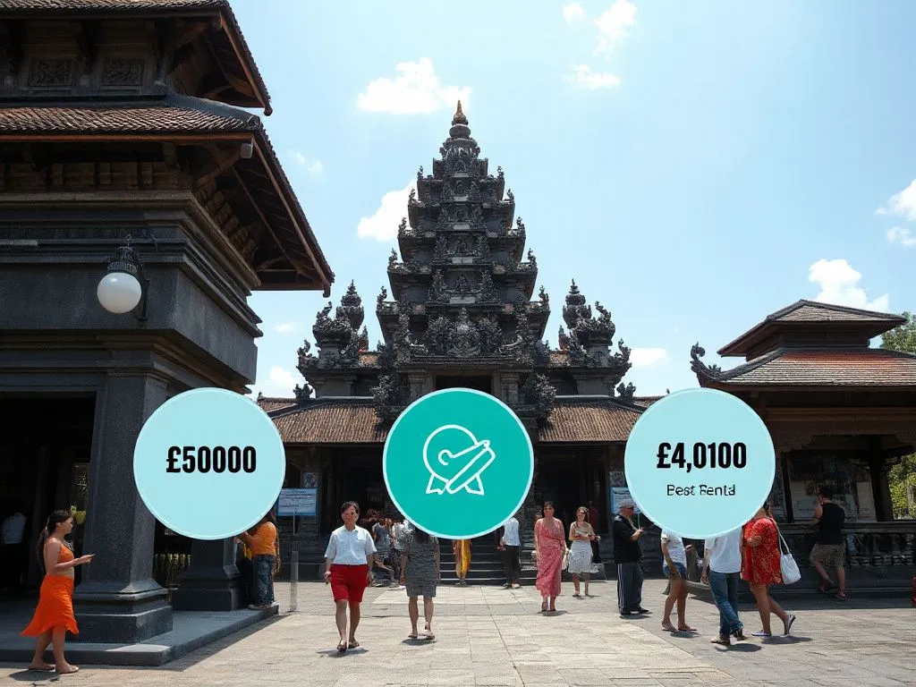 Balinese temple with visitors and icons of costs like entrance fees and sarong rentals, detailed, cultural elements, professional photography style Balinese temple with visitors and icons of costs like entrance fees and sarong rentals, detailed, cultural elements, professional photography style