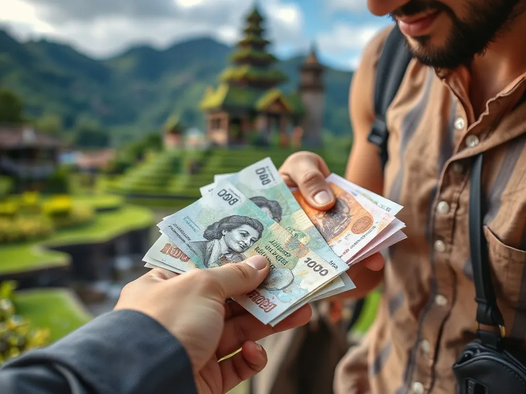 Close-up of a traveler exchanging currency with a Balinese background, vivid currency notes, professional photography style Close-up of a traveler exchanging currency with a Balinese background, vivid currency notes, professional photography style