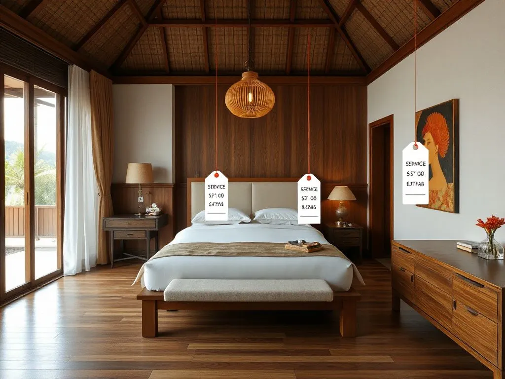 Elegant Balinese hotel room with added costs tags, showing items like service charges, taxes and extras in a symbolic way, photorealistic, high quality, professional lighting Elegant Balinese hotel room with added costs tags, showing items like service charges, taxes and extras in a symbolic way, photorealistic, high quality, professional lighting