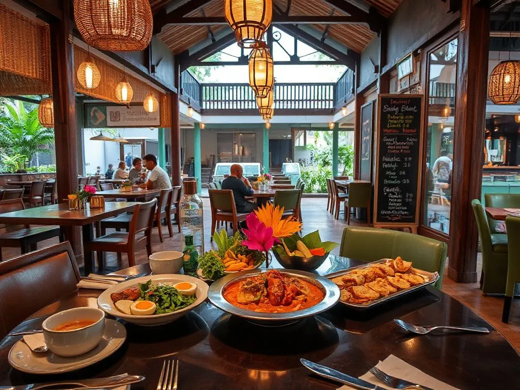 Luxurious Bali dining setup featuring a local warung with contrasting price tags, vibrant food, photorealistic, high quality, professional lighting Luxurious Bali dining setup featuring a local warung with contrasting price tags, vibrant food, photorealistic, high quality, professional lighting
