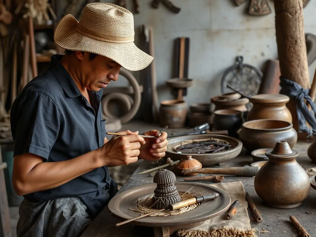 Artisan working on traditional Balinese handicrafts, detailed, hands and tools, cultural craftsmanship, workshop setting