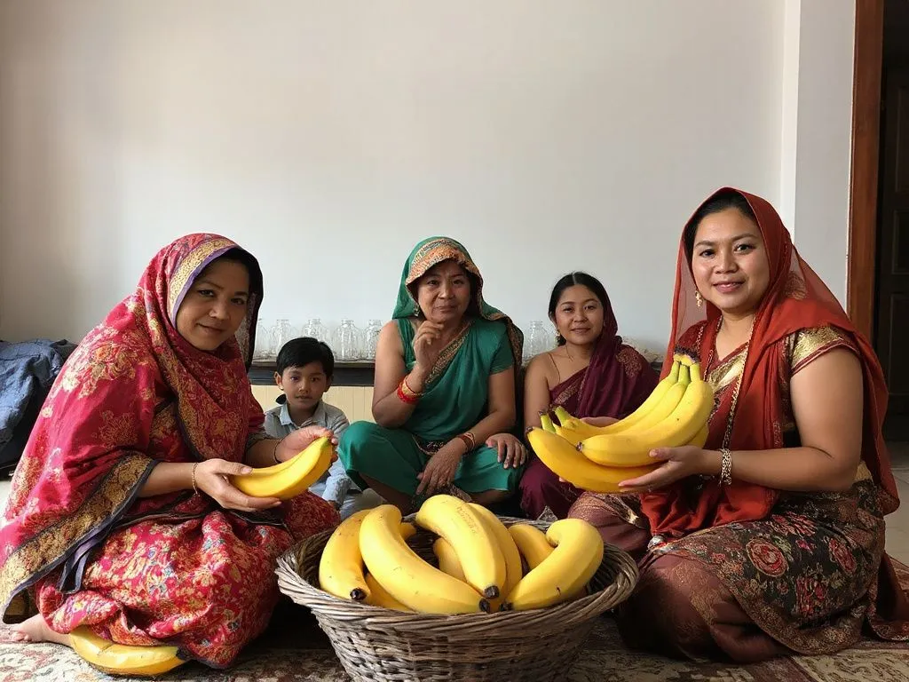 Balinese family preparing for Galungan with ripe bananas, photorealistic, indoor setting, traditional dress, cultural richness