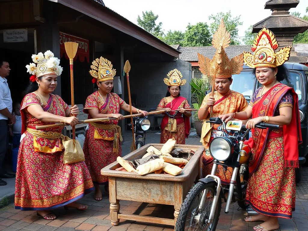 Blessing rituals with tools and vehicles, detailed, colorful, and traditional outfits in a Balinese setting