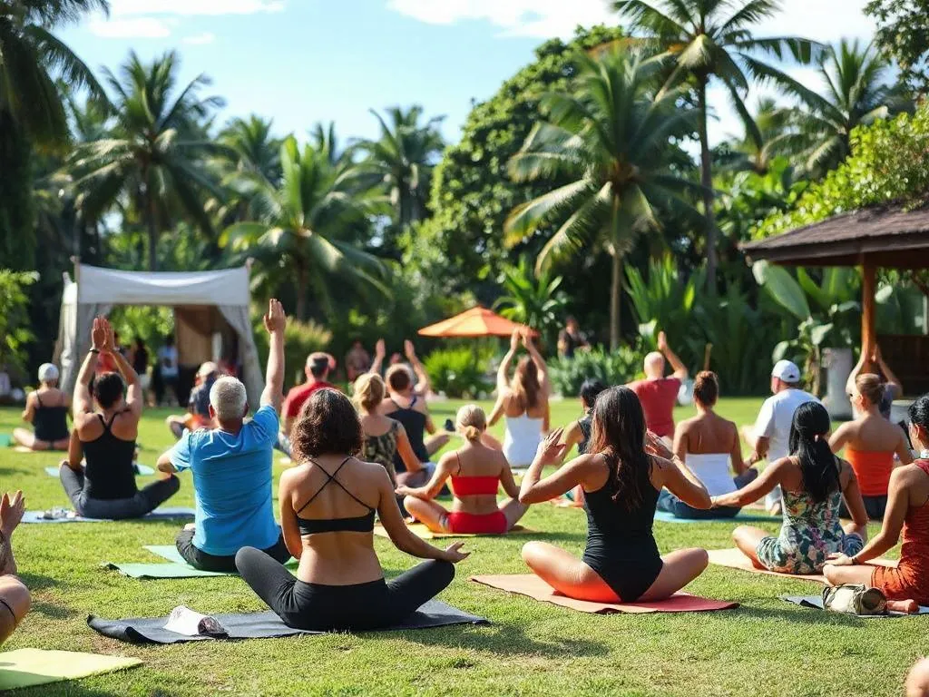 Peaceful scene of a yoga session outdoors during Bali Spirit Festival, diverse group of people, vibrant, focused, harmony with nature