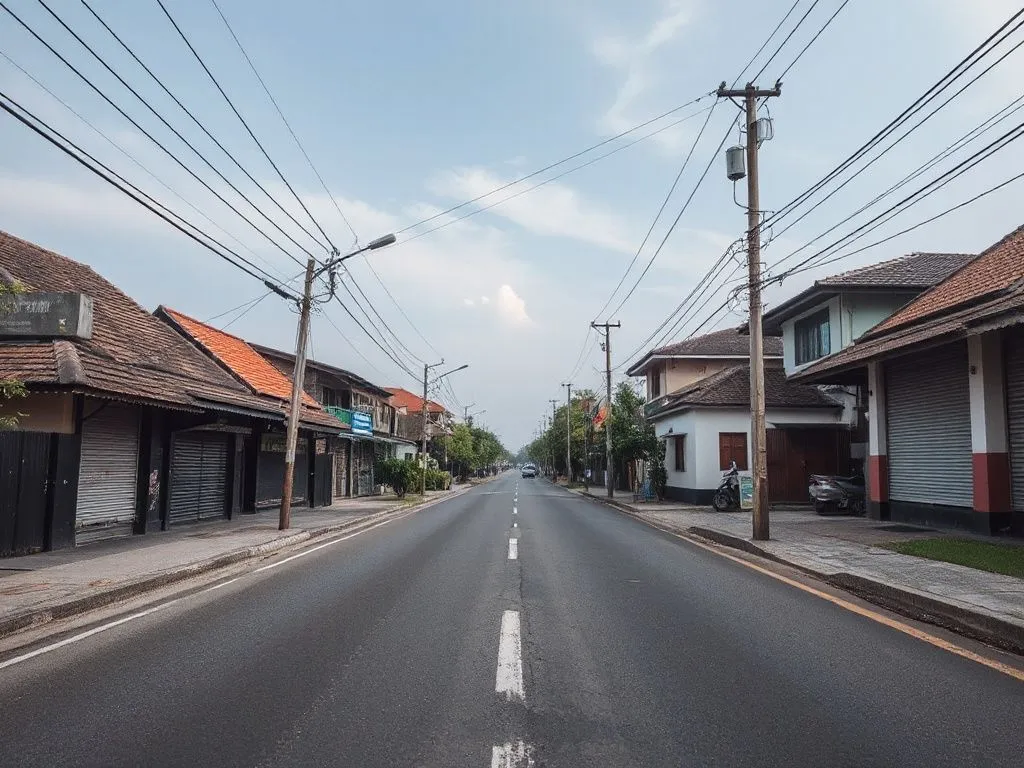 Silent streets of Bali during Nyepi with empty roads and shuttered homes, photorealistic, tranquil atmosphere, modern style