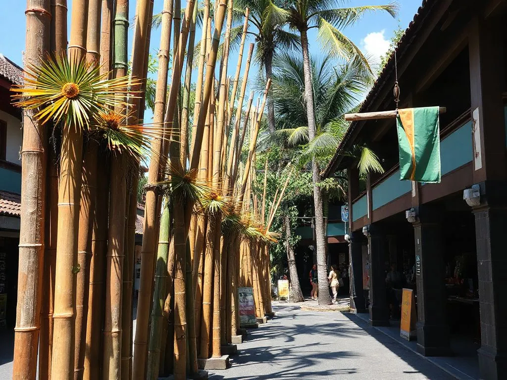 Tall Penjor bamboo poles decorated with palm leaves and offerings along a Balinese street, detailed, sunny day, vibrant atmosphere